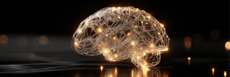 A brain made of tangled wires and glowing LEDs illuminates the darkness, illustrating the intricate connection of neural pathways in a minimalist setting.の素材