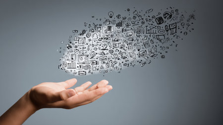 A hand extends upward through floating knowledge symbols in a clean design, representing the pursuit of learning and intellectual growth in the modern world.の素材