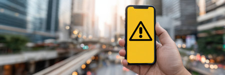A smartphone shows a warning message against a blurred city backdrop, indicating potential issues with a bank app amidst the busy setting.の素材
