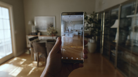 User interacts with augmented reality product placement on a smartphone, showcasing a digital overlay in a stylish and neutral-toned interior space.の素材