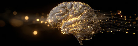 A brain composed of glowing particles is illuminated against a dark backdrop, with the right side remaining untouched, representing ideas and innovationの素材