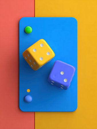 Colorful craps dice are placed on a playful interface showcasing a vibrant design with ample space for user interaction and gameplay elements.の素材
