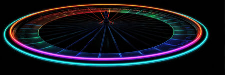 A captivating neon roulette wheel spins rapidly, illuminated by colorful lights against a black background, creating an enticing atmosphere for players.の素材