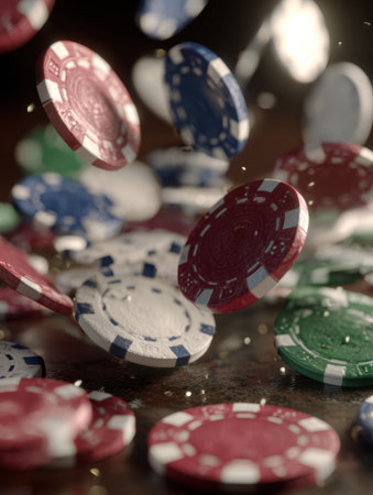 Colorful casino chips are falling dramatically into a felt pit, showing the energy of gambling. The upper area remains clear, emphasizing the action.の素材