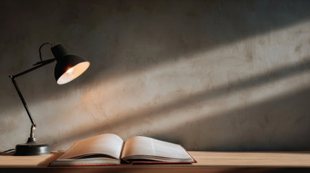 A desk lamp illuminates an open textbook, creating soft shadows on the wooden surface, while the right side remains empty, enhancing the study space atmosphere.の素材