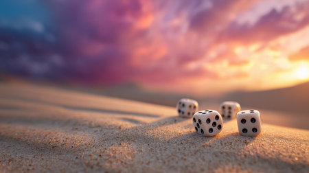 Colorful hues of sunset illuminate a sandy landscape where dice lie scattered, creating a serene and surreal atmosphere in an empty space.の素材