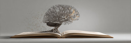 A creative visual representation showcases a brain transforming into a tree while emerging from an open book, illustrating growth and knowledge.の素材