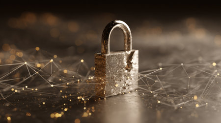 A broken padlock is positioned over a glowing network wireframe background, highlighting the theme of digital security and vulnerabilities in technology.の素材