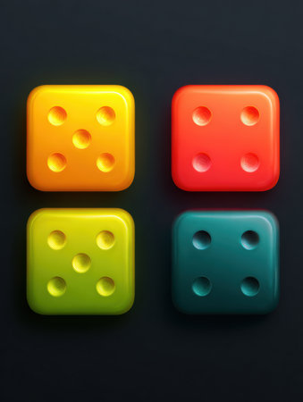 Colorful animated craps dice design showcases four dice in striking hues, leaving space on the right for user interface elements or descriptionsの素材