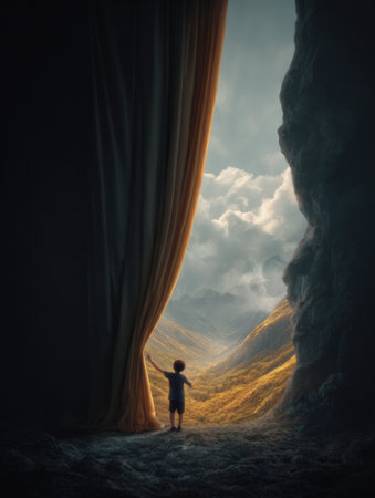 A child stands at the edge of a dark space, pulling back a curtain to unveil a vibrant landscape filled with light, symbolizing knowledge and hope.の素材
