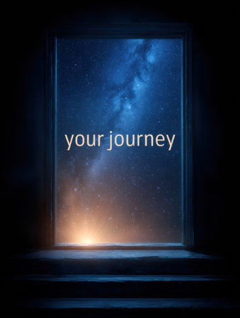 An abstract doorway opens to a starry universe, illuminated by soft light, inviting exploration and discovery. Words suggest your journey begins here.の素材