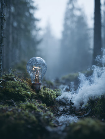 In a serene forest, a light bulb hovers above the mossy ground, surrounded by trees and wispy mist that adds a touch of magic to the atmosphereの素材