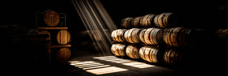 Stacked barrels fill a dimly lit cellar, where light rays break through, illuminating a clean area on the right, enhancing the overall atmosphere.の素材