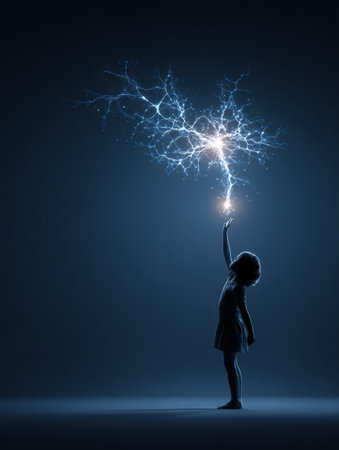 A child stands in a dimly lit space, reaching upwards towards a radiant star made of glowing neurons.の素材