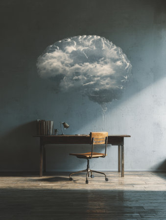 A brain-shaped cloud hovers above a wooden desk in a softly lit room, creating a surreal contrast with the empty chair and bright wall.の素材