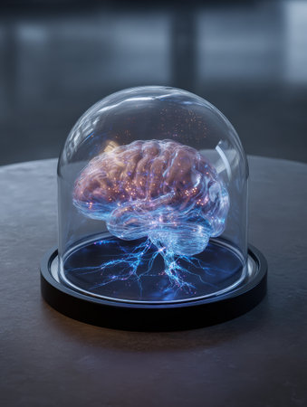 A brightly lit brain in a transparent dome shows colorful data while the right side is open for observation or interaction.の素材