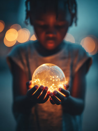 A child gently cradles a glowing orb filled with light, captured in a serene atmosphere enhanced by soft, blurred backgrounds in twilight.の素材