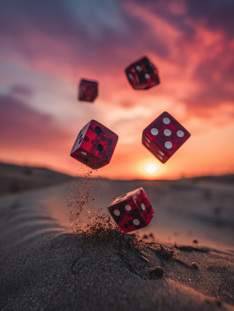 Red dice hover mid-air above a sandy dune, illuminated by a surreal sunset that casts vibrant colors across the sky and emptiness around them.の素材