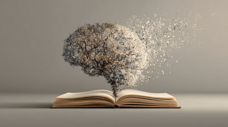 An open book with a tree emerging from its pages symbolizes the growth of knowledge and branches of creativity and inspiration.の素材
