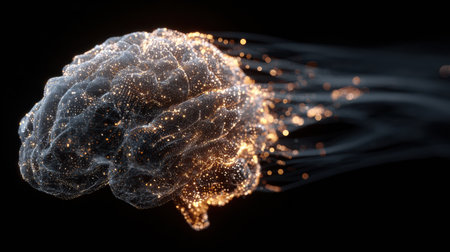 A glowing particle brain stands out against a dark backdrop, with an untouched right side symbolizing creativity and intelligence.の素材