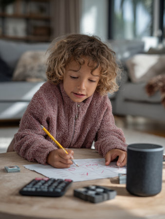 Child engages with an AI voice assistant while solving a math puzzle at a clean and contemporary home workspace, showing innovative learning.の素材