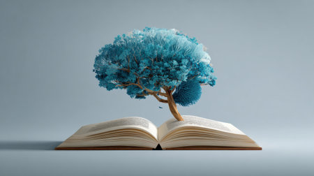 A brain transforms into a tree from an open book, symbolizing knowledge growth and imagination, with space for text.の素材