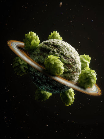A fantastical planet made of beer, adorned with lush hops, floats in the vastness of space, captivating observers with its creativity and allure.の素材