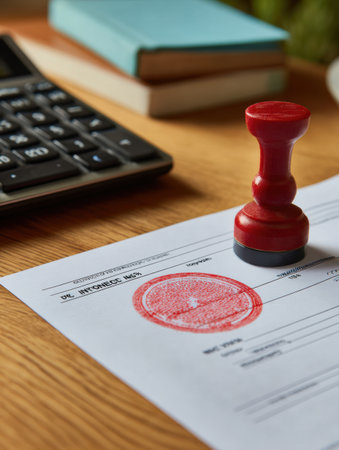 A fraudulent invoice is placed on a wooden desk, marked with a vibrant red stamp indicating fraud, next to a calculator and books.の素材