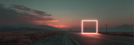 A vibrant neon framed billboard stands out against the backdrop of a tranquil desert highway, illuminated by a stunning sunset.の素材