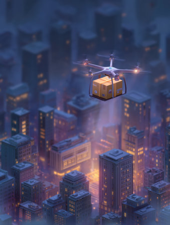 Drone delivers package over a bustling city as an advertisement illuminates the night sky with glowing effects on buildings below.の素材