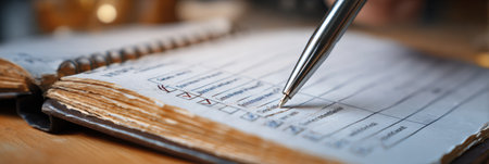 Close-up of a checklist being marked with a pen, showing detailed tasks in a blurred workspace, emphasizing productivity and organization.の素材