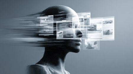 A human-like head representation multiple features multitasking displays, symbolizing advanced information processing in a futuristic context.の素材