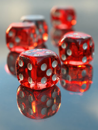 Red dice roll across a smooth glass surface, reflecting their vibrant color while an open zone remains unobstructed in the background, creating depth.の素材