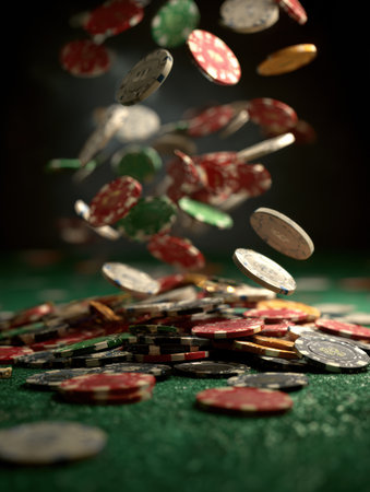 In a mesmerizing slow-motion action, chips tumble gracefully into a green felt pit, accentuating the thrill of chance and the gaming experience inside a casinoの素材