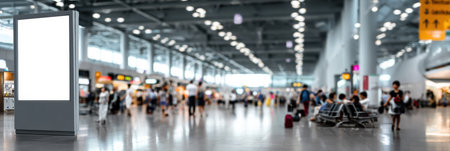 Clean branding panel stands prominently in the airport as blurred travelers move around, showcasing the bustling atmosphere of the terminal.の素材