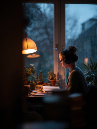 Student relaxes in a cozy room, enjoying an audiobook under a warm lamp glow, with plants surrounding the work area in the calm evening atmosphere.の素材