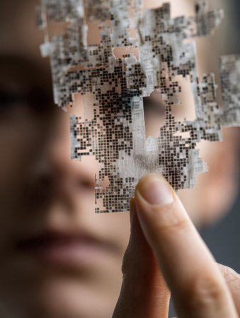 A hand peels back layers of digital identity, exposing a fragmented design that symbolizes the complexities of personal identity in the digital age.の素材