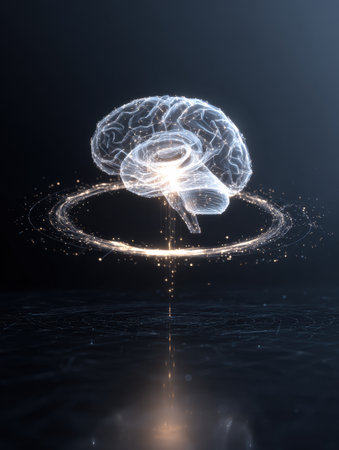 A glowing brain icon is encircled by abstract data flow patterns in a sleek space, creating a modern and technological atmosphere showcasing intelligence.の素材