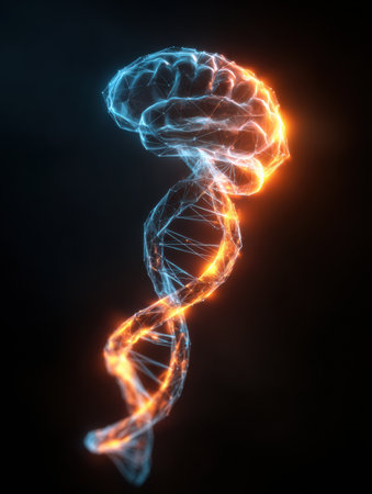 A DNA strand undergoes a dynamic transformation into a glowing brain, showcasing a blend of scientific innovation and creativity in a darkened environment.の素材