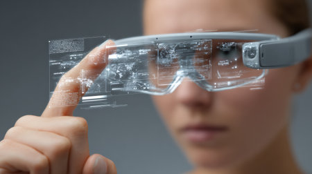 User interacts with smart glasses displaying a transparent HUD, highlighting a seamless blend of technology and advertising in modern environments.の素材