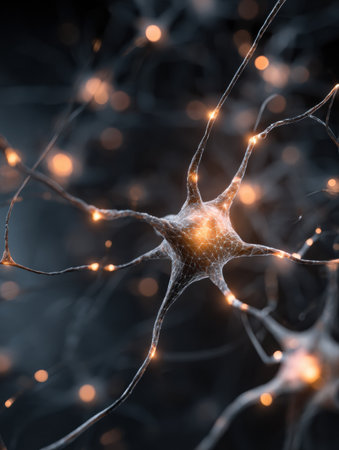 Abstract representation of neuron network with illuminated pathways depicting mental connections, set against a dark and blank upper space.の素材