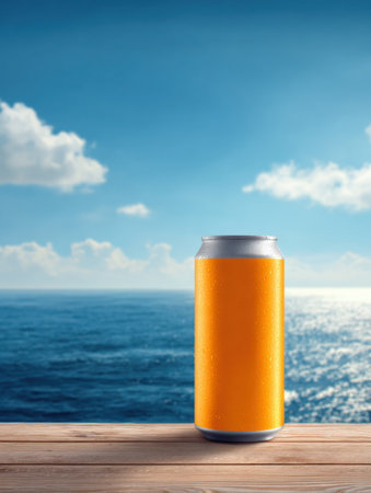 Refreshing summer beer can stand on a wooden surface with a vibrant ocean backdrop and a clear blue sky, evoking a sense of relaxation and enjoyment.の素材