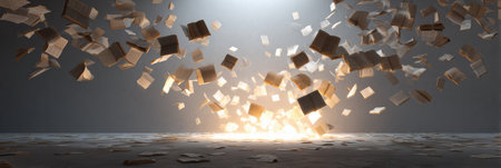 Books ascend in a swirling motion toward a distant glow, creating a stunning contrast against a cluttered ground and illuminated backdrop, evoking curiosity.の素材