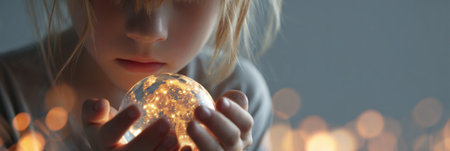 A curious child gently holds a glowing orb, captivated by its light. Soft bokeh surrounds them, creating a magical atmosphere during the evening.の素材