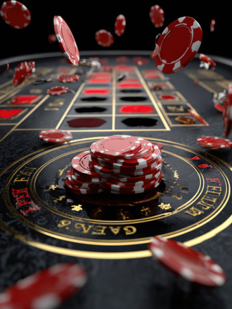 A vibrant 3D rendering showcasing a spinning blackjack table with chips flying through the air, capturing the excitement of a casino atmosphere.の素材