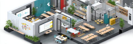 An innovative tutoring hub for personalized AI learning, featuring bright, modular spaces with natural light and greenery for a vibrant experience.の素材