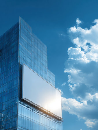 Modern glass building features a clean advertising display reflecting a blue sky with clouds, showcasing a spacious right side ideal for upcoming campaigns.の素材