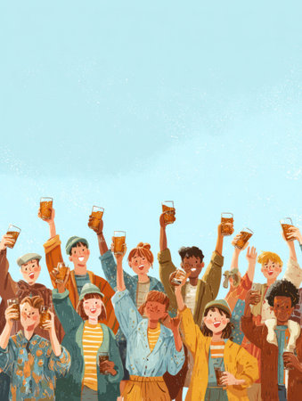 Crowd of joyful individuals click glasses in celebration, enjoying a sunny day with clear skies, radiating happiness and togetherness.の素材