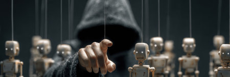 A hooded figure directs wooden puppets representing scam bots, illustrating control and deception in a dimly lit environment emphasizing manipulatory themes.の素材