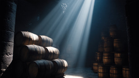 Stacks of barrels sit in a dark cellar, enhanced by beams of light filtering through, setting a serene and tranquil ambiance.の素材